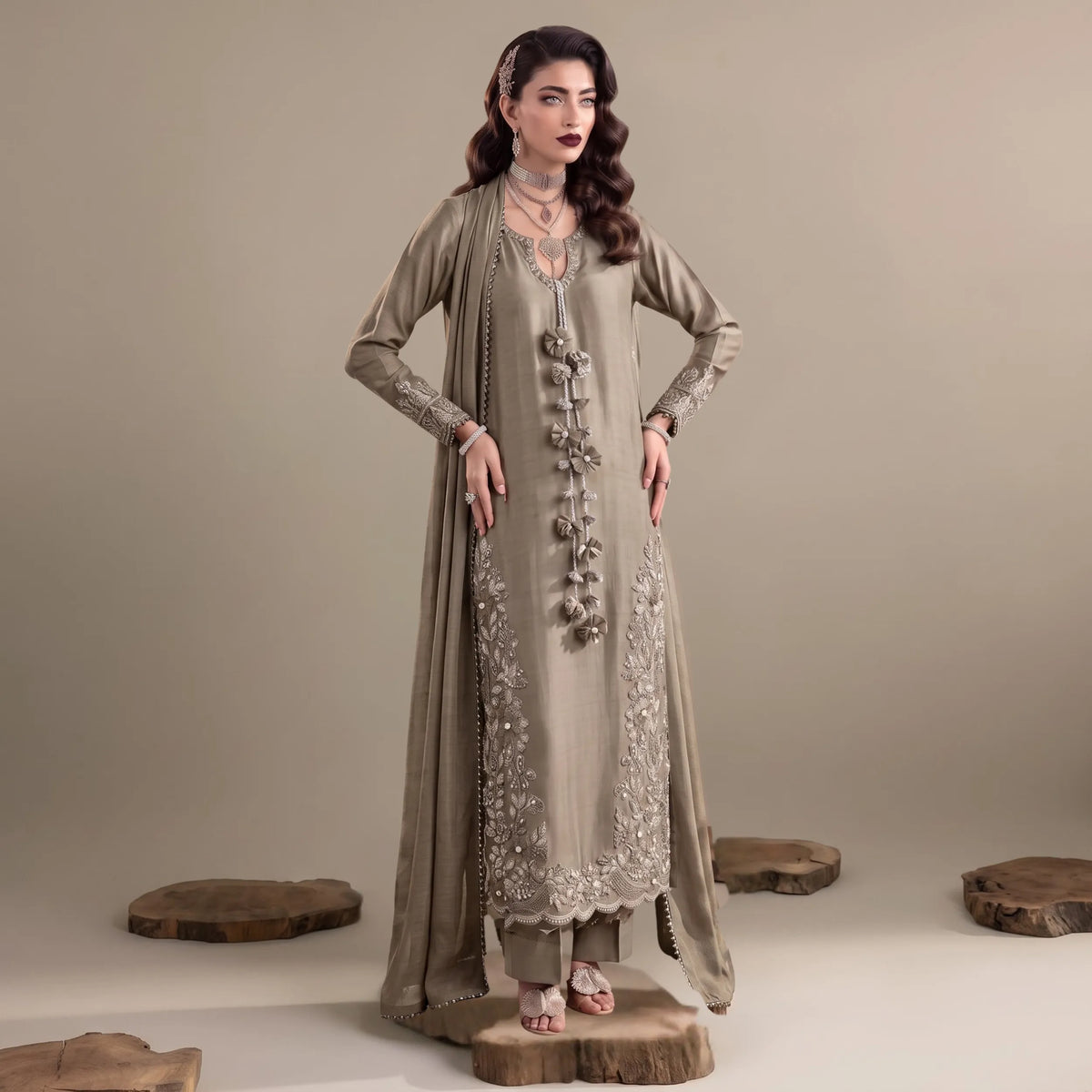 UA-336 Women's Embroidered Raw Silk Dress 3 Piece Festive & Party Wear Suit by Umnaa