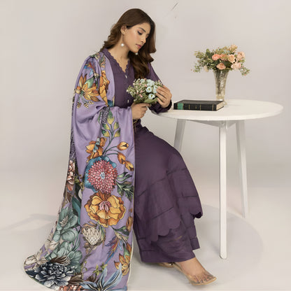 (Dull purple) 3 Pc Linen Shirt & Plazo with Maria Wool Shawl | Winter Collection | SIMRANS