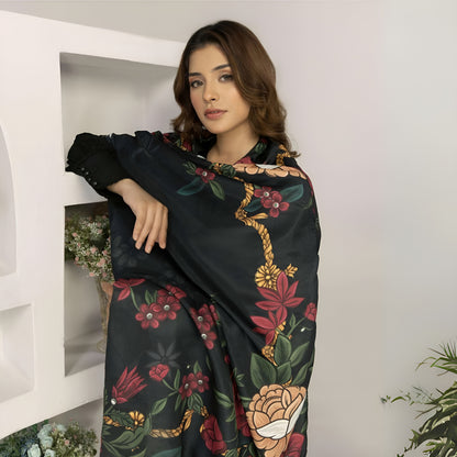 (Black) 3 Pc Linen Shirt & Trouser with Maria Wool Shawl | Winter Collection | SIMRANS