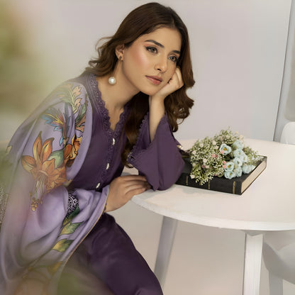 (Dull purple) 3 Pc Linen Shirt & Plazo with Maria Wool Shawl | Winter Collection | SIMRANS