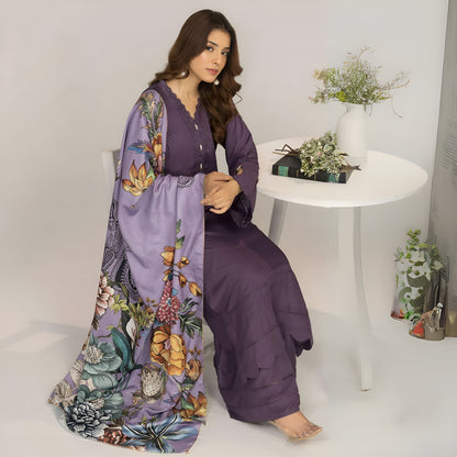 (Dull purple) 3 Pc Linen Shirt & Plazo with Maria Wool Shawl | Winter Collection | SIMRANS