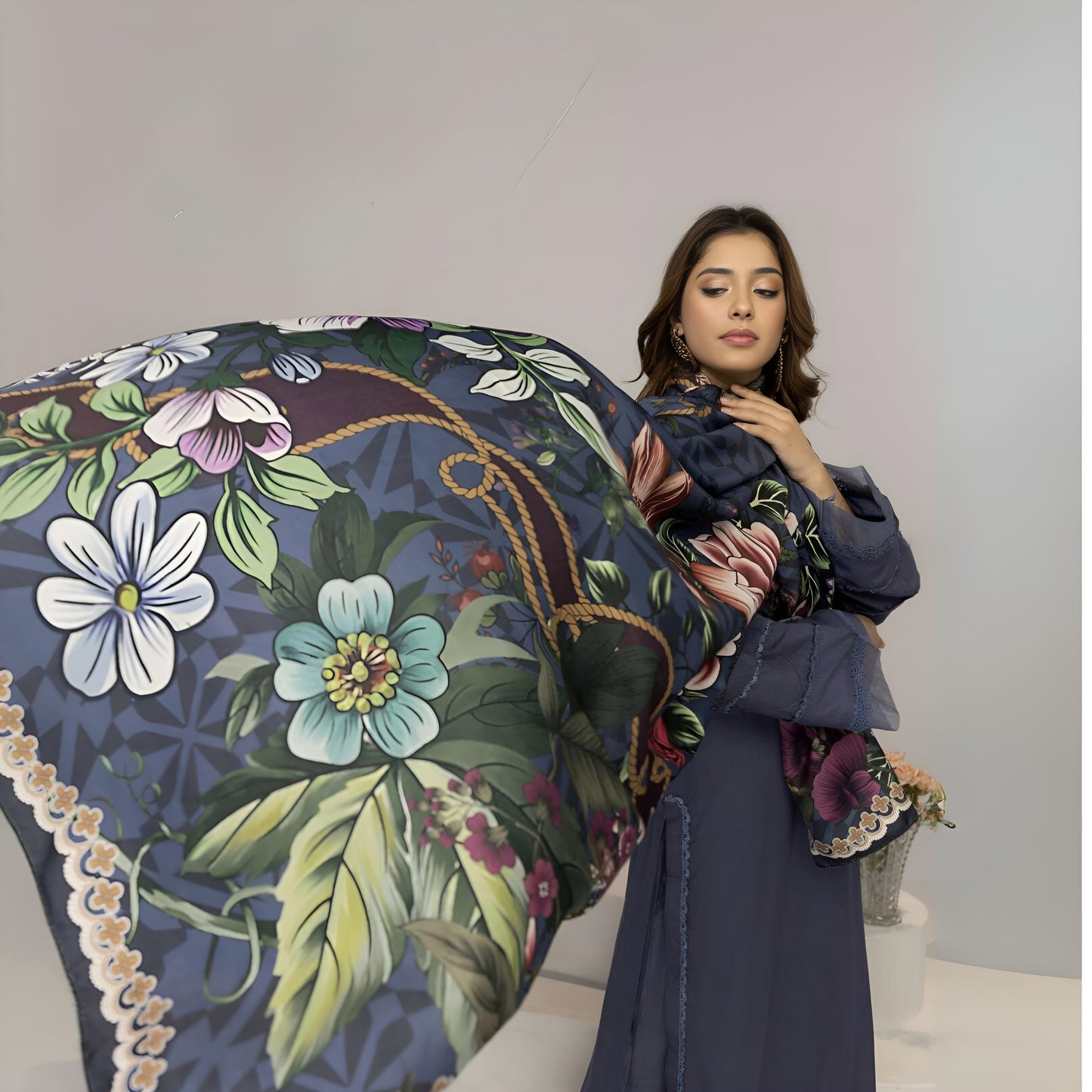(Comet) 3 Pc Linen Shirt & Plazo with Maria Wool Shawl | Winter Collection | SIMRANS