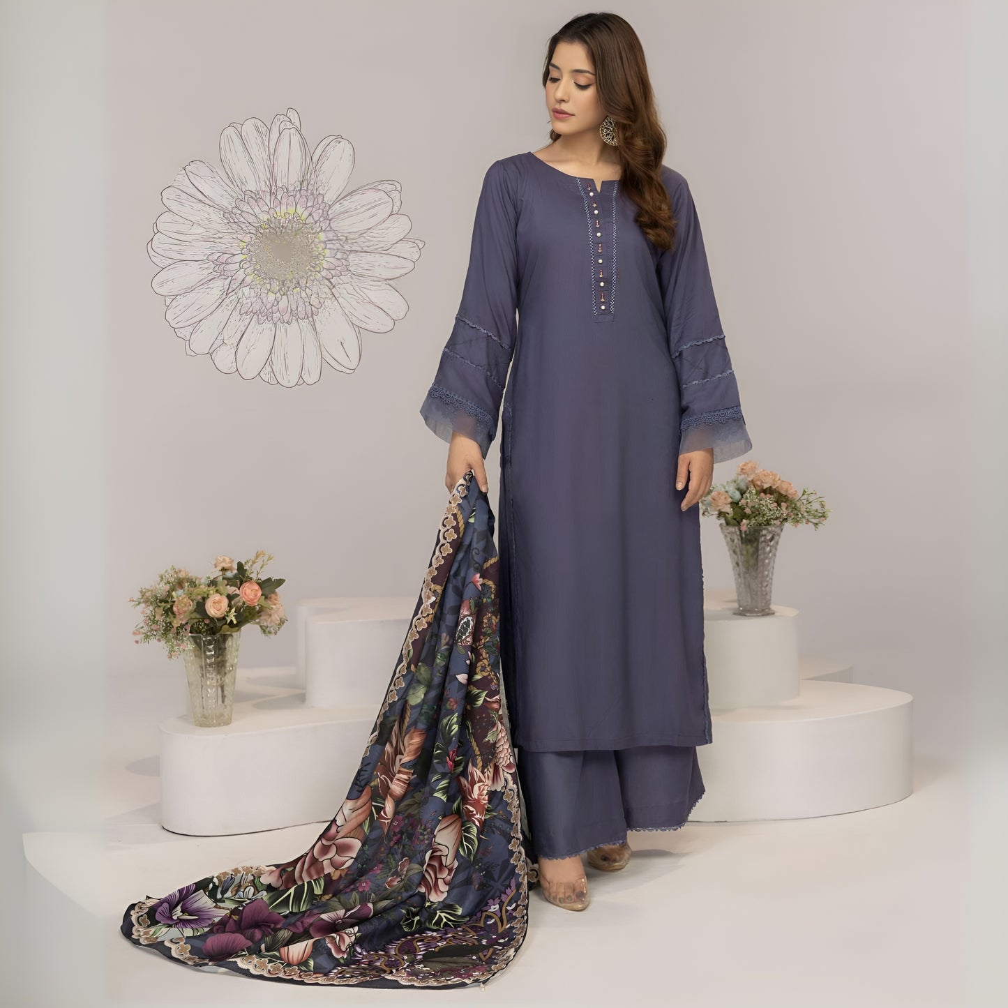 (Comet) 3 Pc Linen Shirt & Plazo with Maria Wool Shawl | Winter Collection | SIMRANS