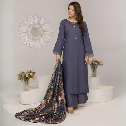 (Comet) 3 Pc Linen Shirt & Plazo with Maria Wool Shawl | Winter Collection | SIMRANS