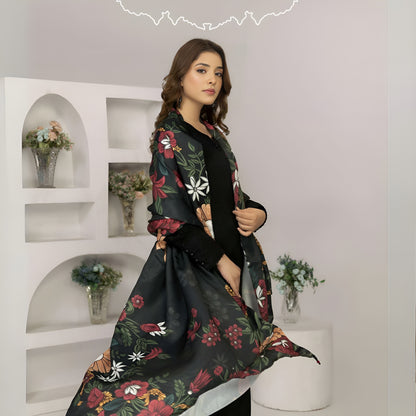 (Black) 3 Pc Linen Shirt & Trouser with Maria Wool Shawl | Winter Collection | SIMRANS