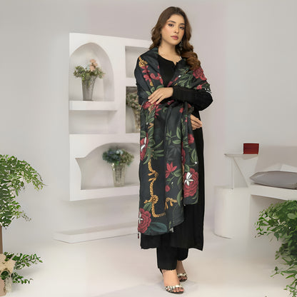 (Black) 3 Pc Linen Shirt & Trouser with Maria Wool Shawl | Winter Collection | SIMRANS
