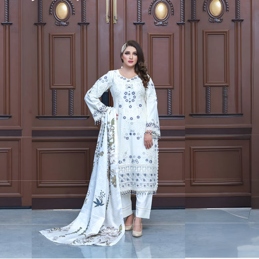 (White) 3 Pc Embroidered Dhanak Dress with wool Shawl | Winter Collection | UB