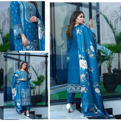 (Blue) 3 Pc Embroidered Dhanak Dress with wool Shawl | Winter Collection | UB