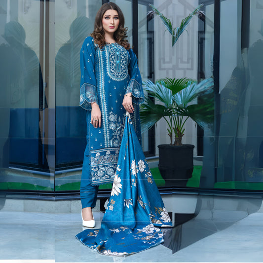 (Blue) 3 Pc Embroidered Dhanak Dress with wool Shawl | Winter Collection | UB