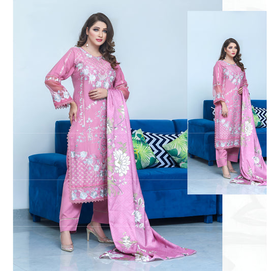 (Light Orchid) 3 Pc Embroidered Dhanak Dress with wool Shawl | Winter Collection | UB
