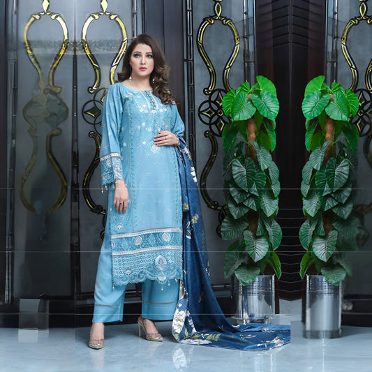(Jeans Blue) 3 Pc Embroidered Dhanak Dress with wool Shawl | Winter Collection | UB