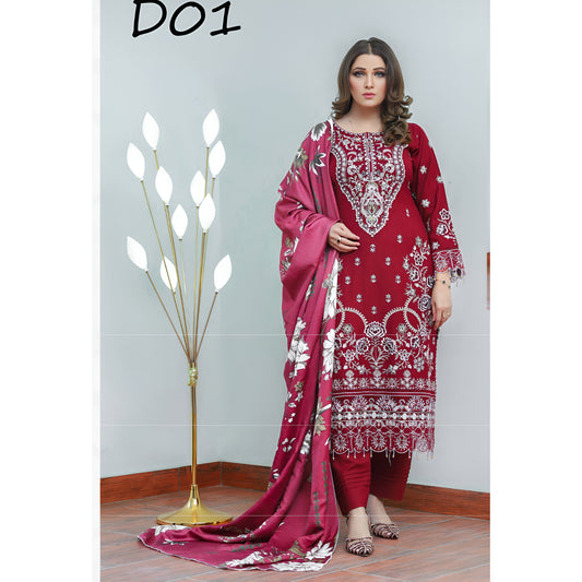 (Red) 3 Pc Embroidered Dhanak Dress with wool Shawl | Winter Collection | UB