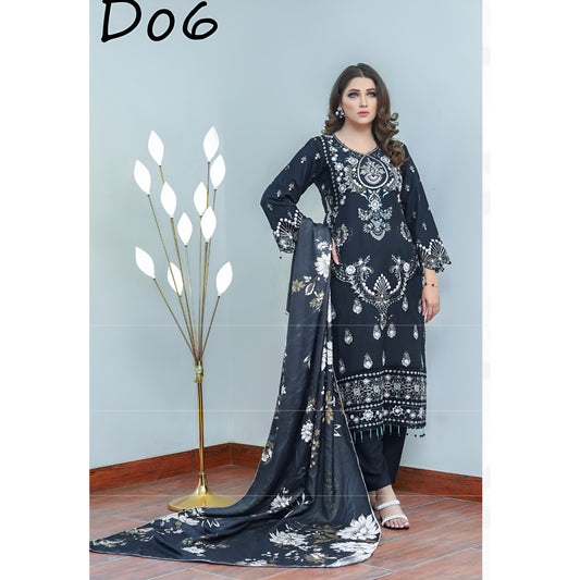 (Black) 3 Pc Embroidered Dhanak Dress with wool Shawl | Winter Collection | UB
