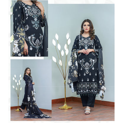 (Black) 3 Pc Embroidered Dhanak Dress with wool Shawl | Winter Collection | UB