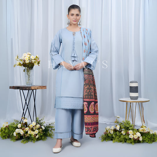 (Sky blue) Khaddar Dress with Shawl |3 Pc| Winter Collection | Hayats