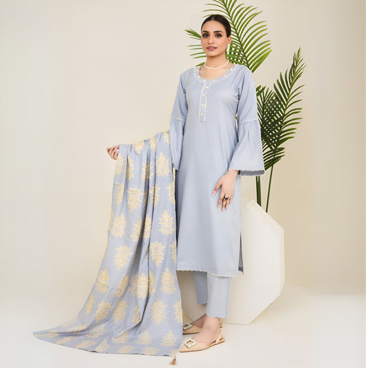 (Light Grey)  3 Pc Dhanak Dress with Embroidered Dhanak Shawl | Winter Collection | Rangz