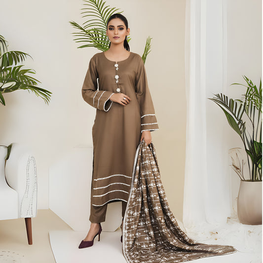 (Camel)  3 Pc Dhanak Dress with Embroidered Dhanak Shawl | Winter Collection | Rangz