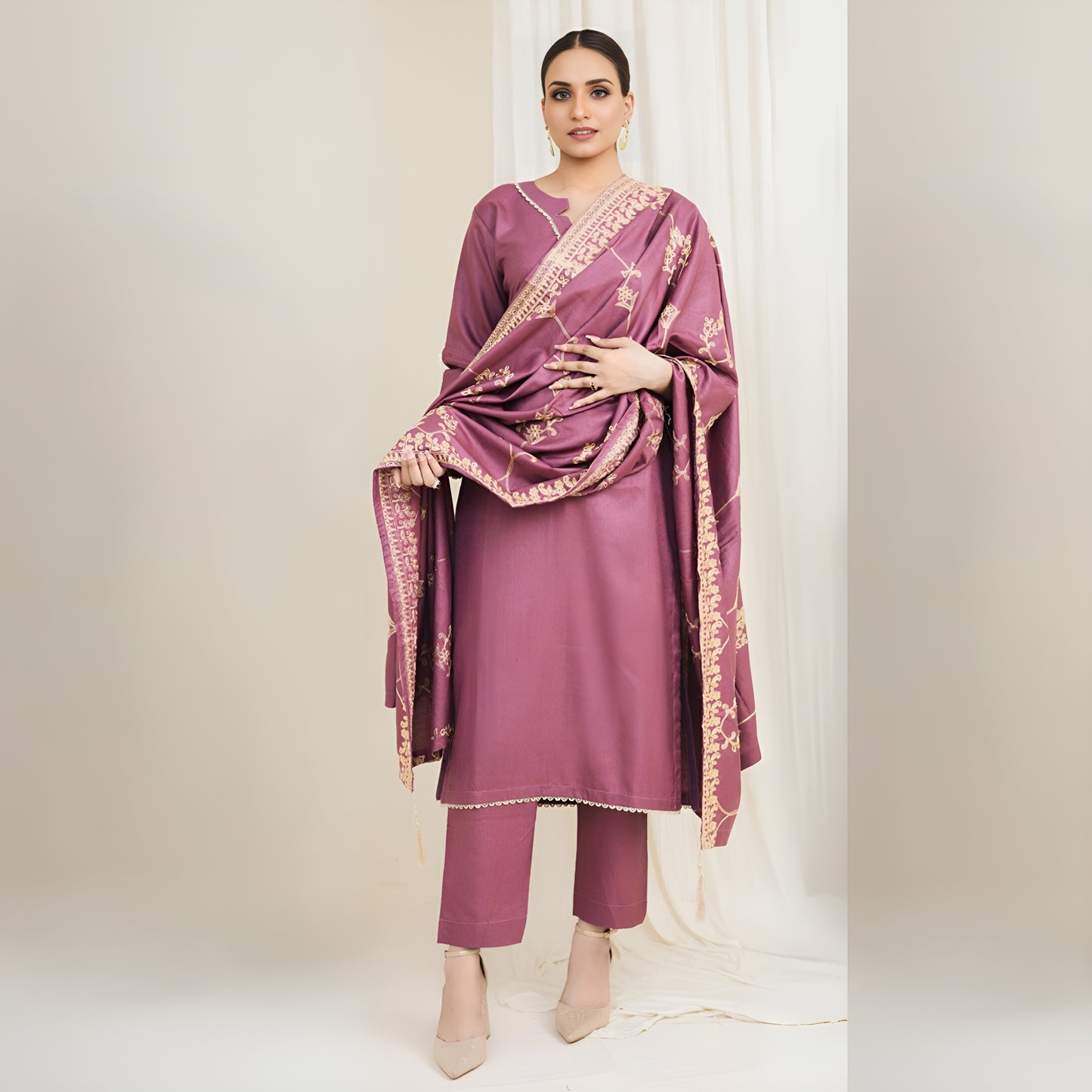 3 Pc Dhanak Dress with Embroidered Dhanak Shawl | Winter Collection | Rangz