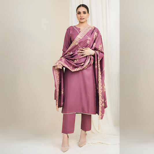3 Pc Dhanak Dress with Embroidered Dhanak Shawl | Winter Collection | Rangz