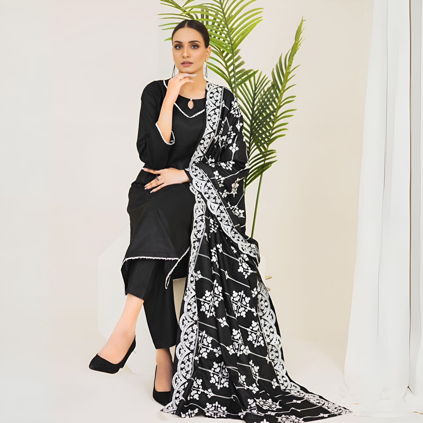 (Black) 3 Pc Dhanak Dress with Embroidered Dhanak Shawl | Winter Collection | Rangz