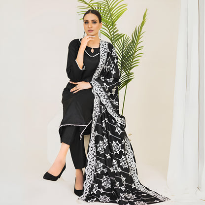 (Black) 3 Pc Dhanak Dress with Embroidered Dhanak Shawl | Winter Collection | Rangz
