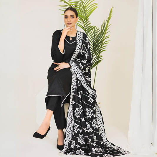 (Black) 3 Pc Dhanak Dress with Embroidered Dhanak Shawl | Winter Collection | Rangz