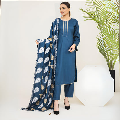(Teal Blue) 3 Pc Dhanak Dress with Embroidered Dhanak Shawl | Winter Collection | Rangz