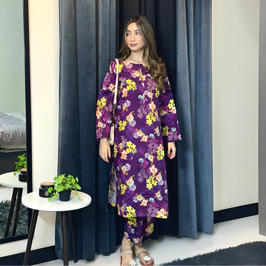 (Purple) 2 Pc floral Printed Khaddar Pakistani Co-Ords Set | Ready to wear| Naubahar