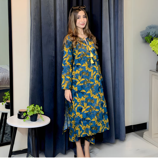 (Multi) 2 Pc floral Printed Khaddar Pakistani Co-Ords Set | Ready to wear| Naubahar