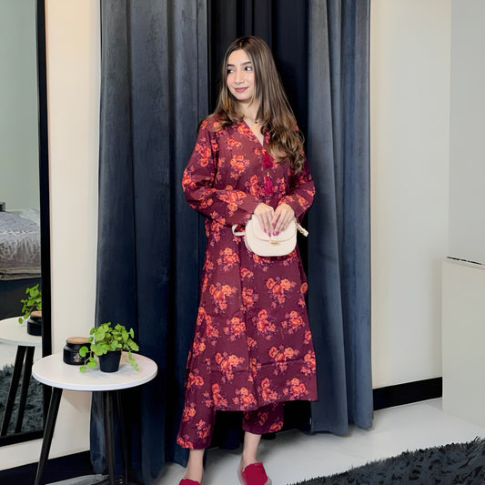(Maroon) 2 Pc floral Printed Khaddar Pakistani Co-Ords Set | Ready to wear| Naubahar