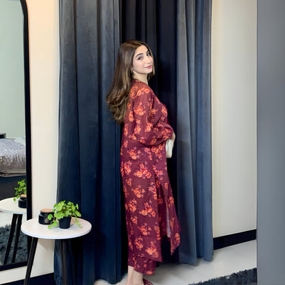 (Maroon) 2 Pc floral Printed Khaddar Pakistani Co-Ords Set | Ready to wear| Naubahar