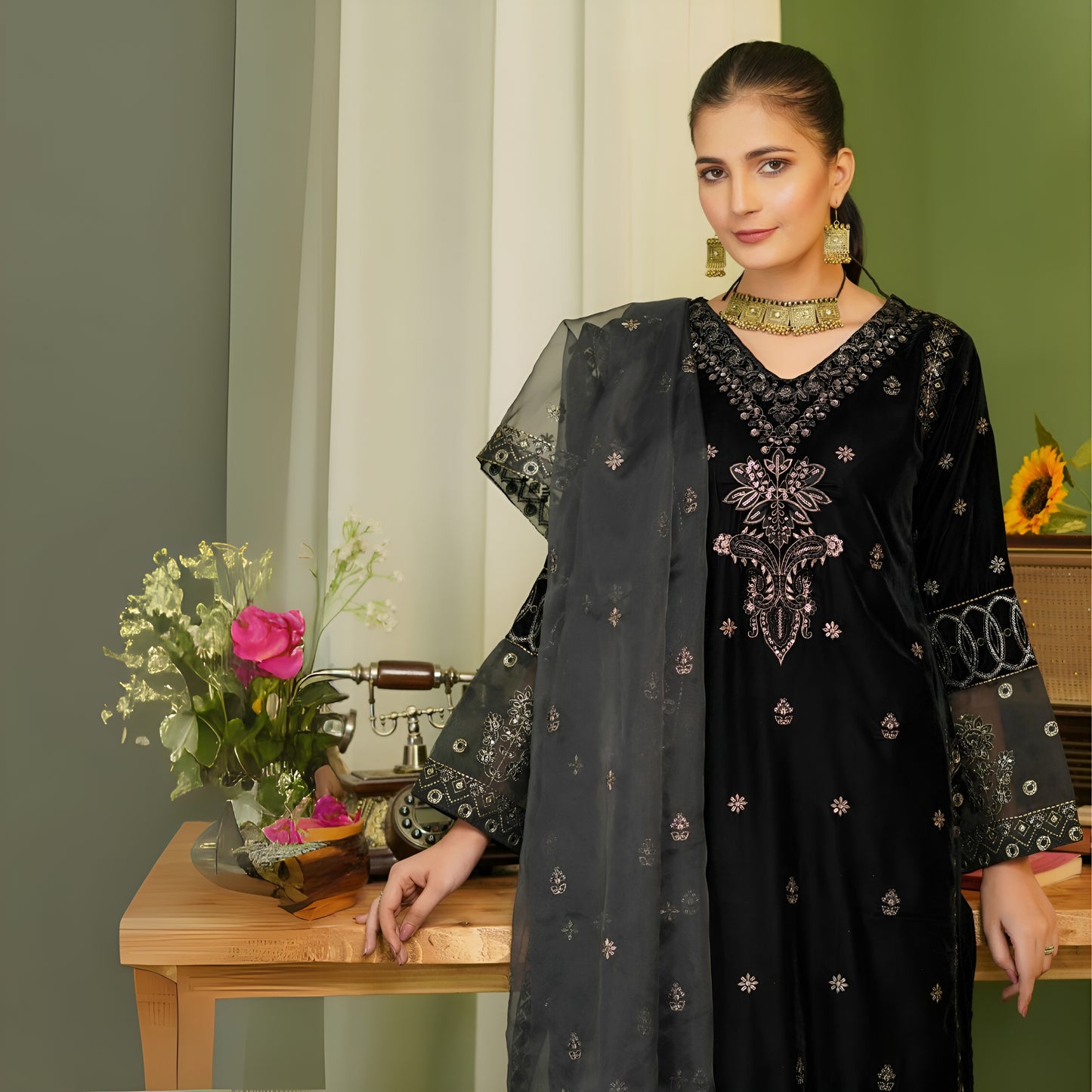 (Black) Luxury Velvet Ready to Wear Embroidered Collection by Simrans