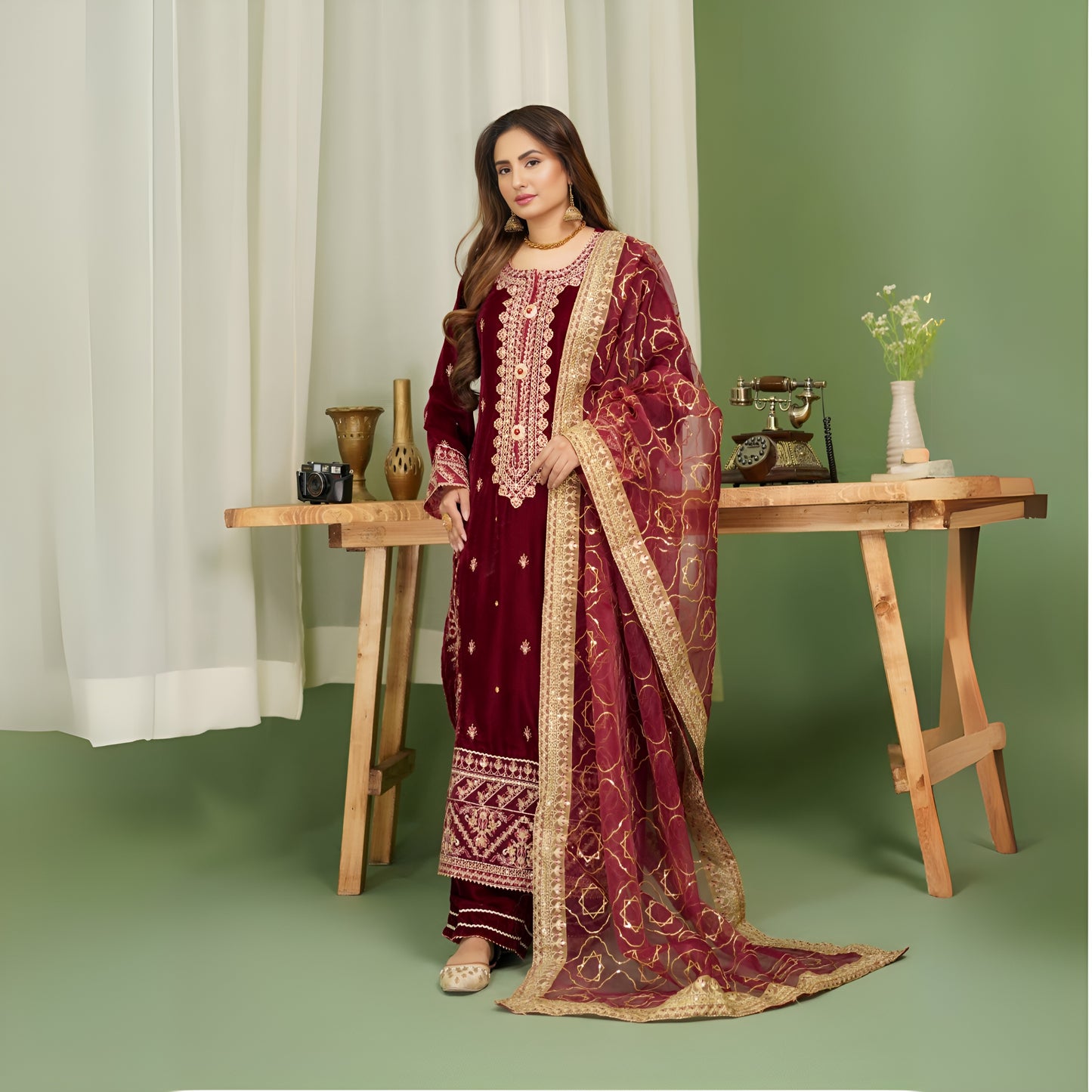 (Maroon) Luxury Velvet Ready to Wear Embroidered Collection by Simrans
