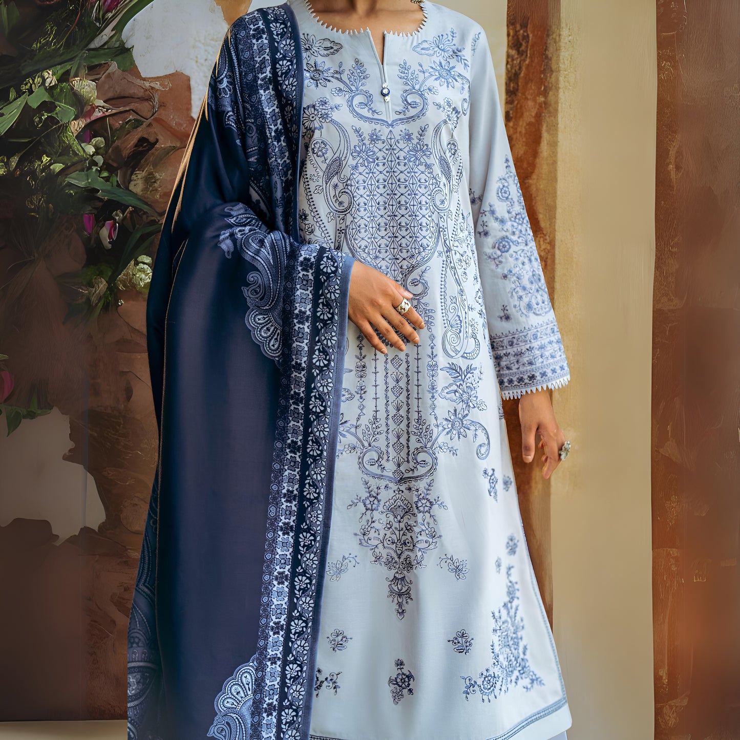 (Light grey) 3 Piece Embroidered Dhanak Ready to Wear Collection by Casuallite | UMCAE0601