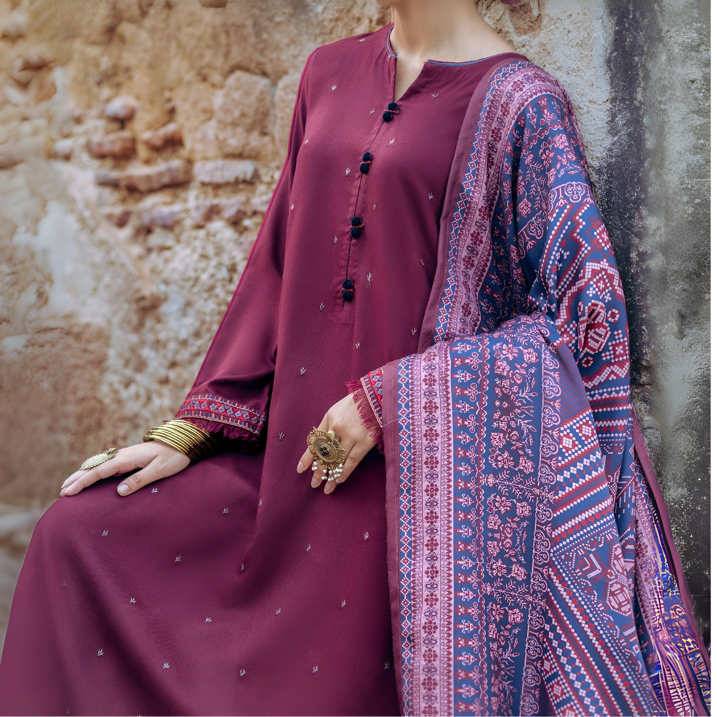 (Wine) 3 Piece Embroidered Dhanak Ready to Wear Collection by Casuallite | UMCAE0602