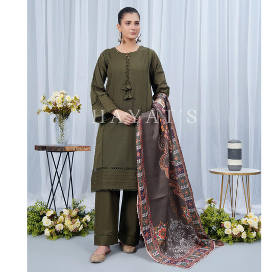 (Rifle Green) Khaddar Dress with Shawl |3 Pc| Winter Collection | Hayats