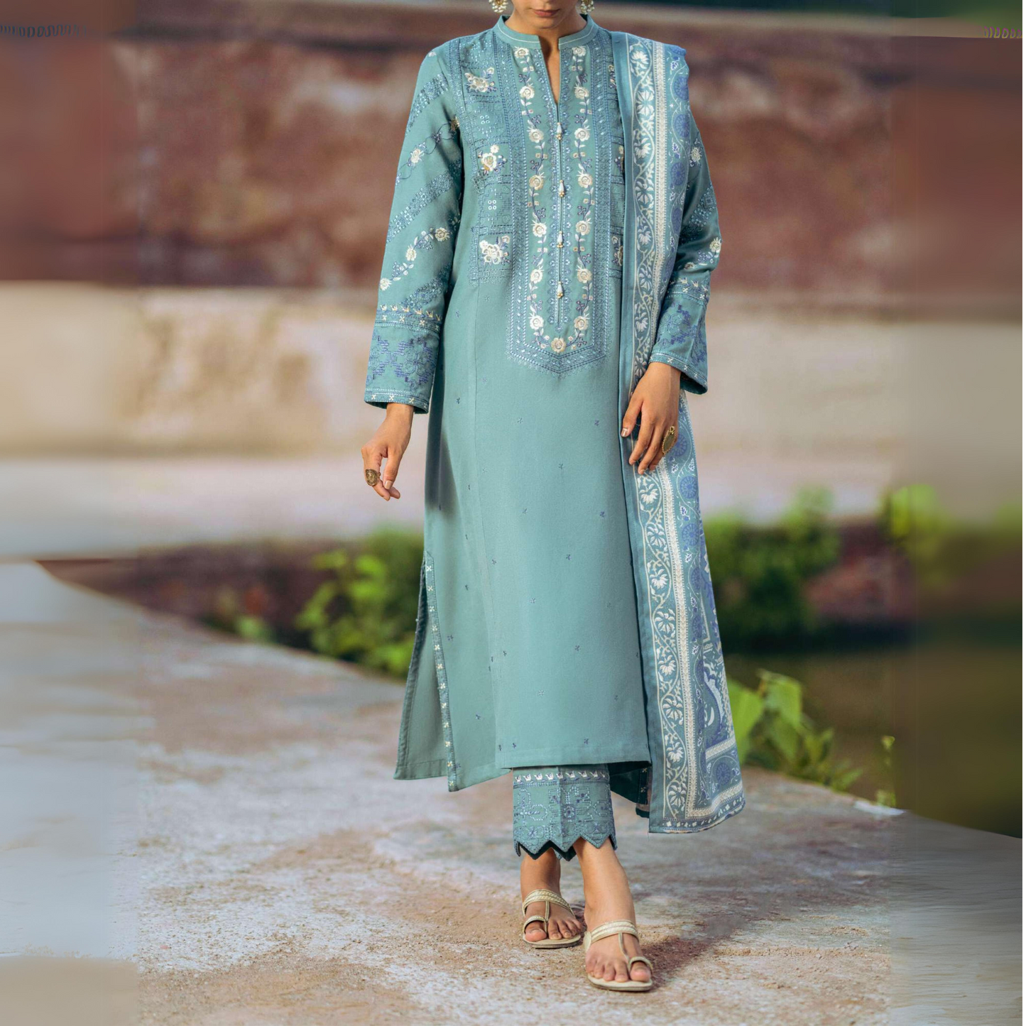 Sea Green 3 Piece Embroidered Dhanak Ready to Wear Collection by Casuallite | UMCAE0604