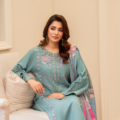 (SEA GREEN) 3 Pc Ready to Wear Embroidered Printed Collection | Karma Collection | UMKC0802