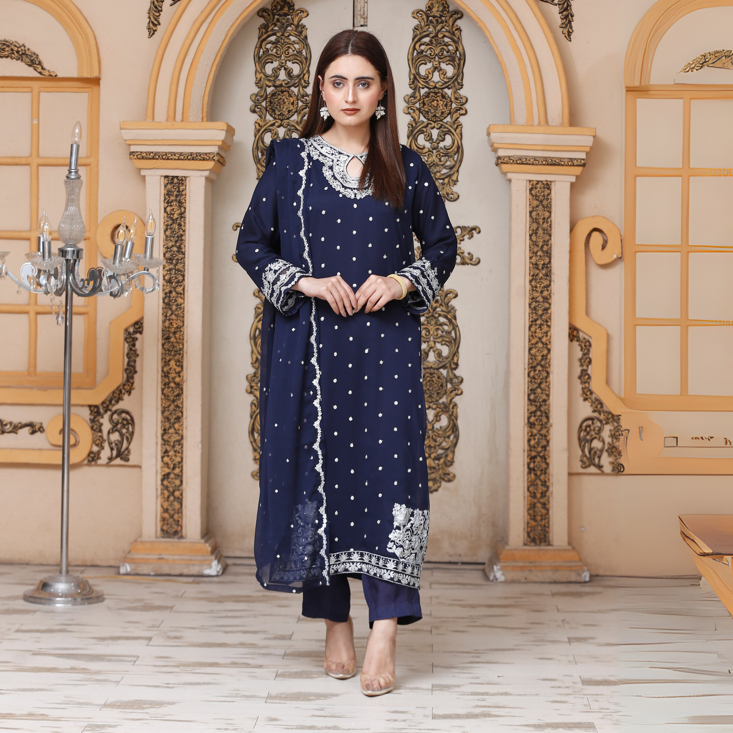 UA-54 3Pc Luxury Embroidered Chiffon Dress with Chiffon Dupatta 3 Pc |Ready to Wear| Umnaa