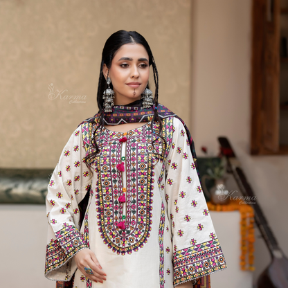 KC-1433 Embroidered Cambric Cotton Farshi Shalwar Kameez Ready to Wear 3 Pc - Karma Collection