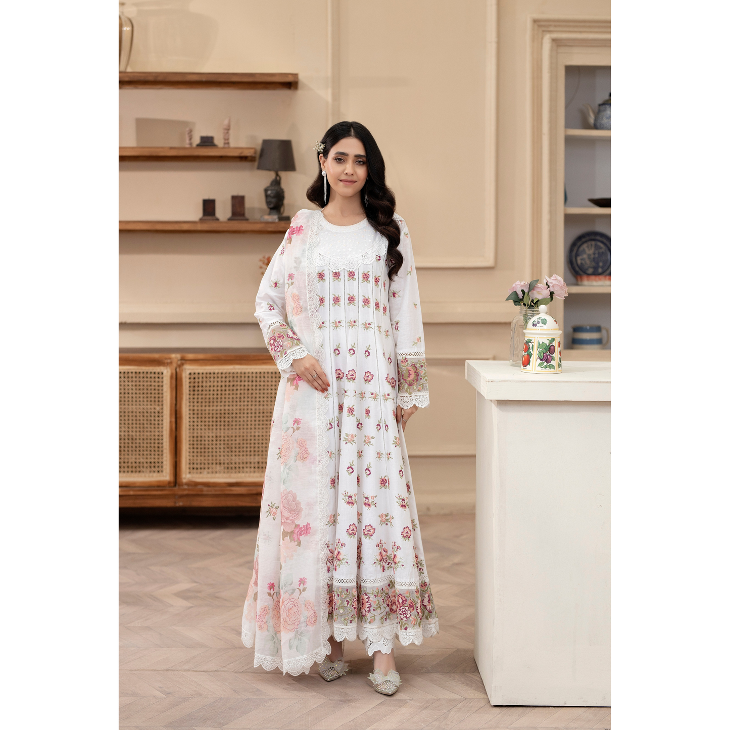 KC-1436 Embroidered Cambric Cotton long Frock Dress Ready to Wear 3 Pc - Karma Collection