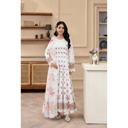 KC-1436 Embroidered Cambric Cotton long Frock Dress Ready to Wear 3 Pc - Karma Collection
