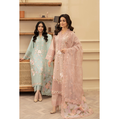 KC-1437 Embroidered Cambric Cotton long Frock Dress Ready to Wear 3 Pc - Karma Collection