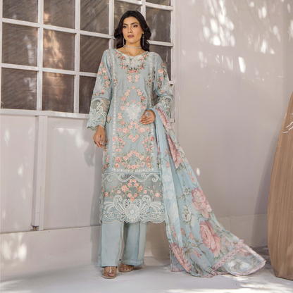 Floral Embroidered Viscose Linen 3 Pc Pakistani Dress | Ready to wear | Traditional Thread