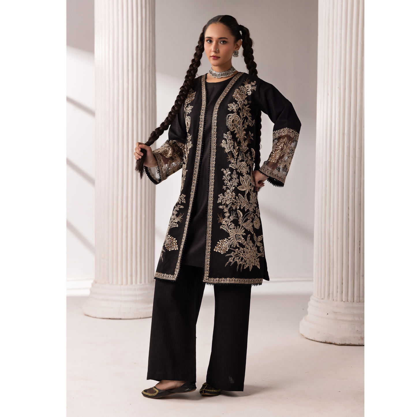 UMS-52 Maria.B inspired Embroidered Khaddar Jacket style dress with chiffon Duppatta by Simrans