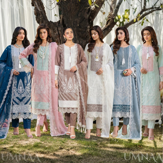 UB-02 3 Pc Embroidered Linen Dress With Embroidered Chiffon Dupatta  By UB