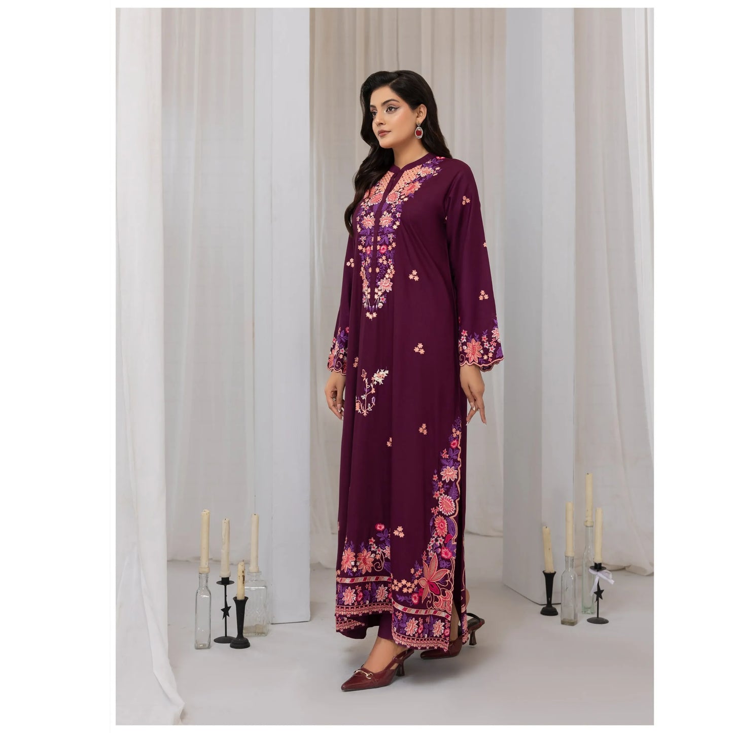 UTT-22 Embroidered Viscose Linen Kaftan Style 2 Piece Co Ord Set Collection by Traditional Thread
