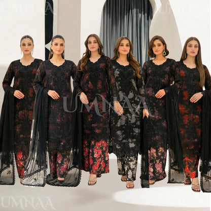 UA-184 Embroidered Chiffon 3-Piece with Printed Lining & Trouser