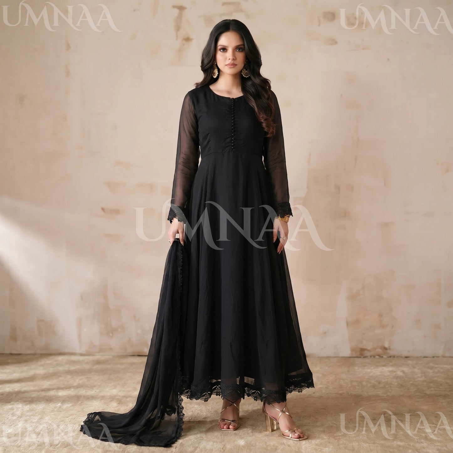 UA-204 Luxury Embroidered Chiffon Frock Collection 3 Pc | Ready to Wear | Umnaa