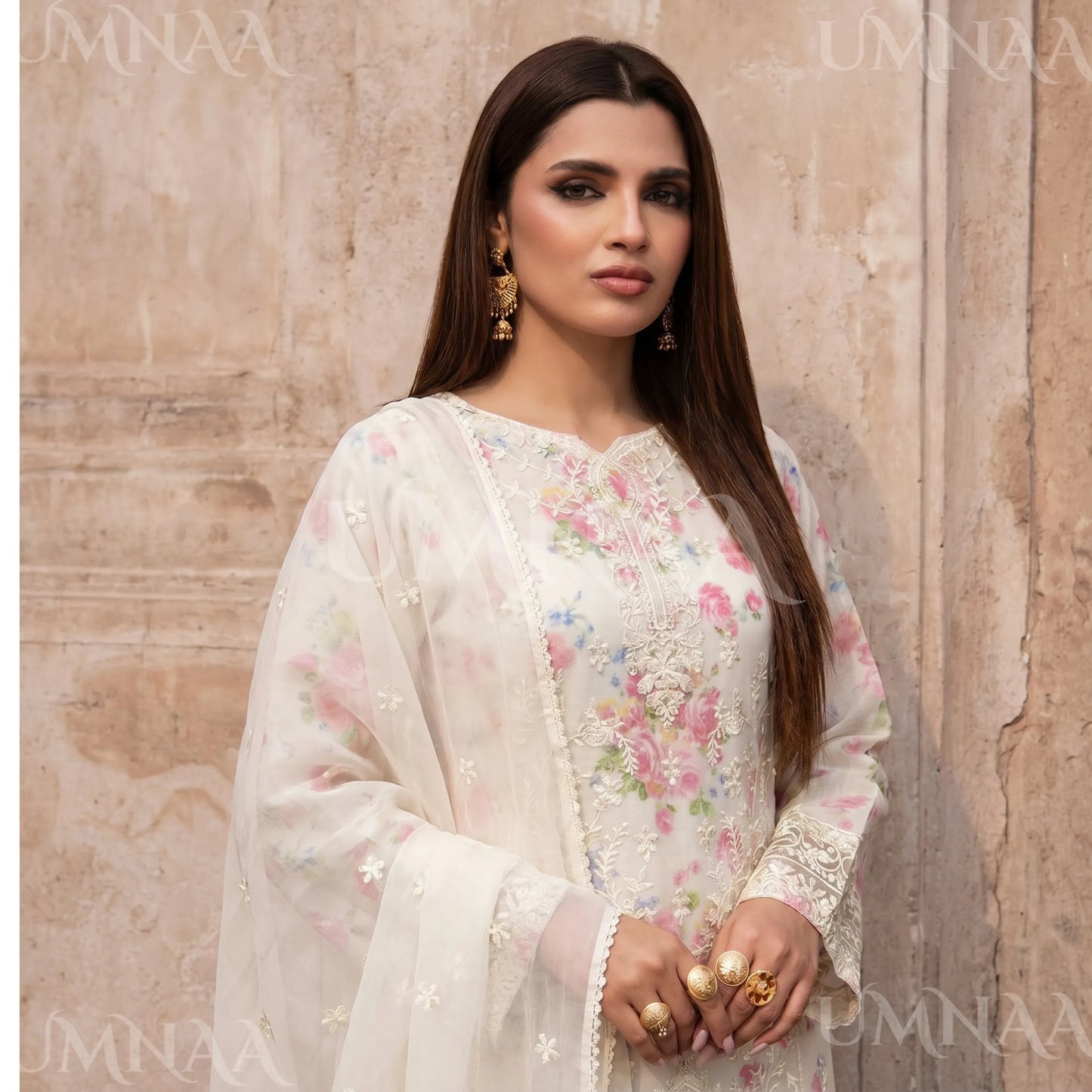UA-205 Embroidered Chiffon 3-Piece with Printed Lining & Trouser